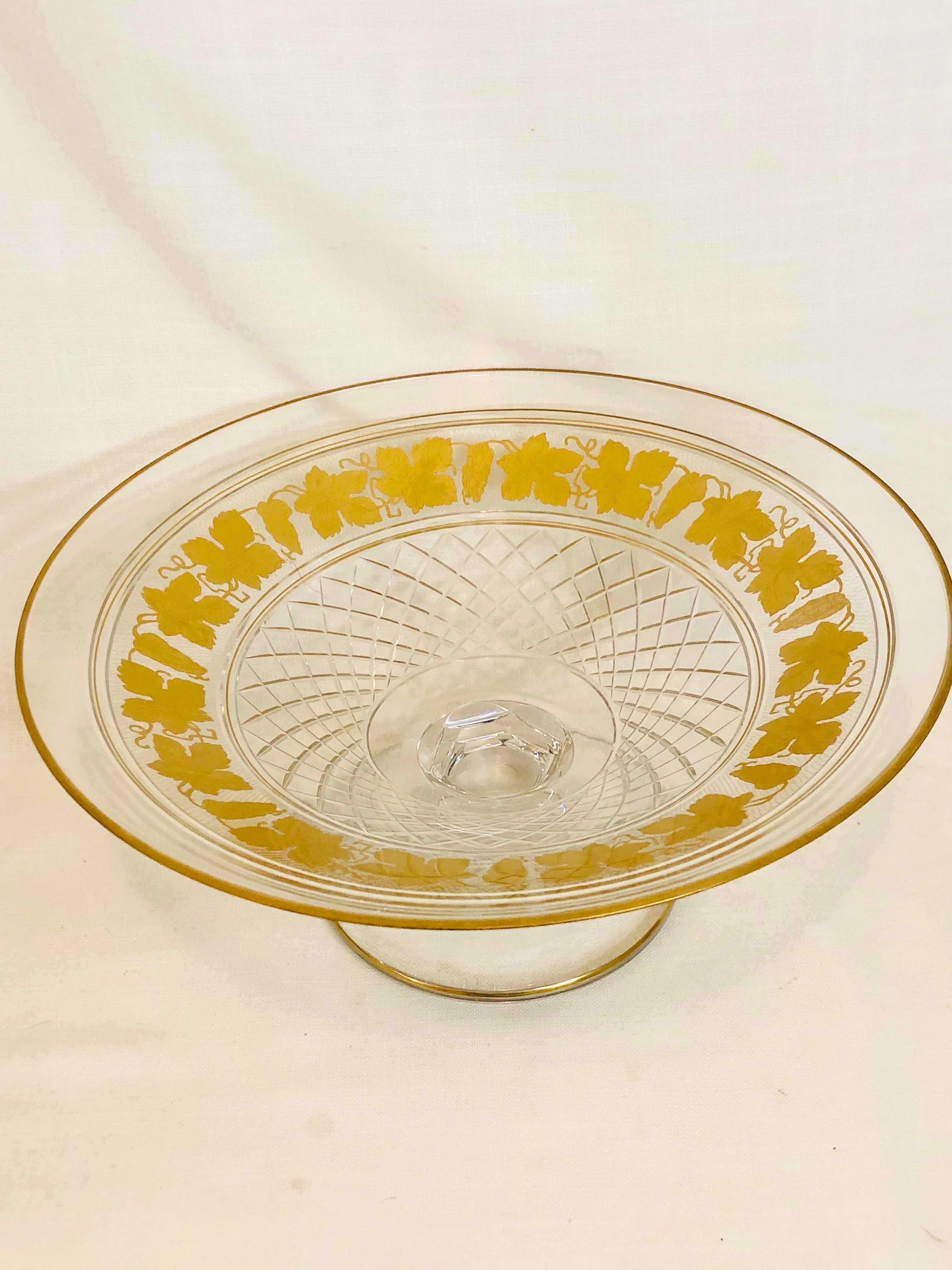 Val St Lambert Cut Crystal Large Bowl Decorated with Gilded Grapes and Leaves 2