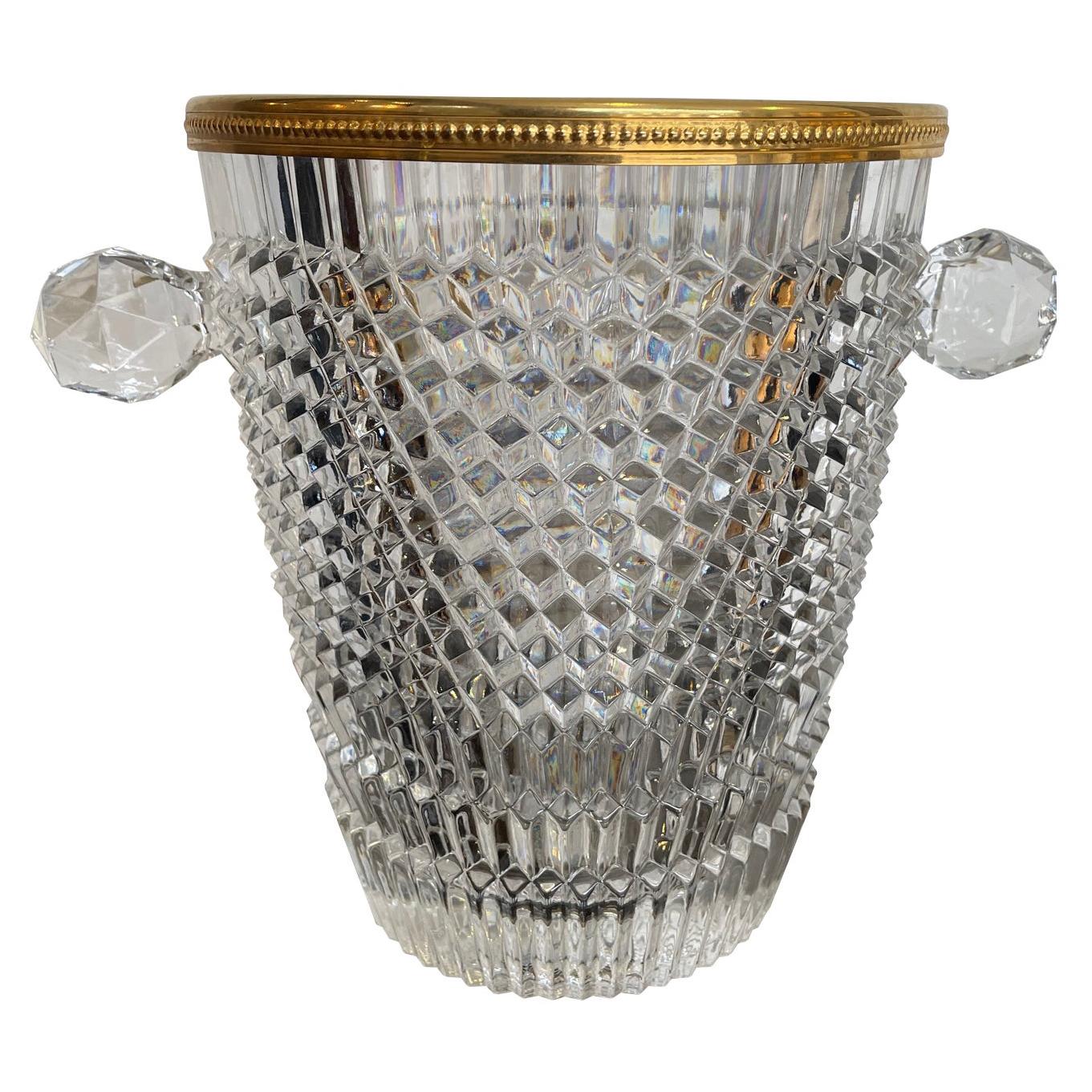 Val St Lambert Faceted Crystal Champagne Bucket with Gold Plated Detailed Rim