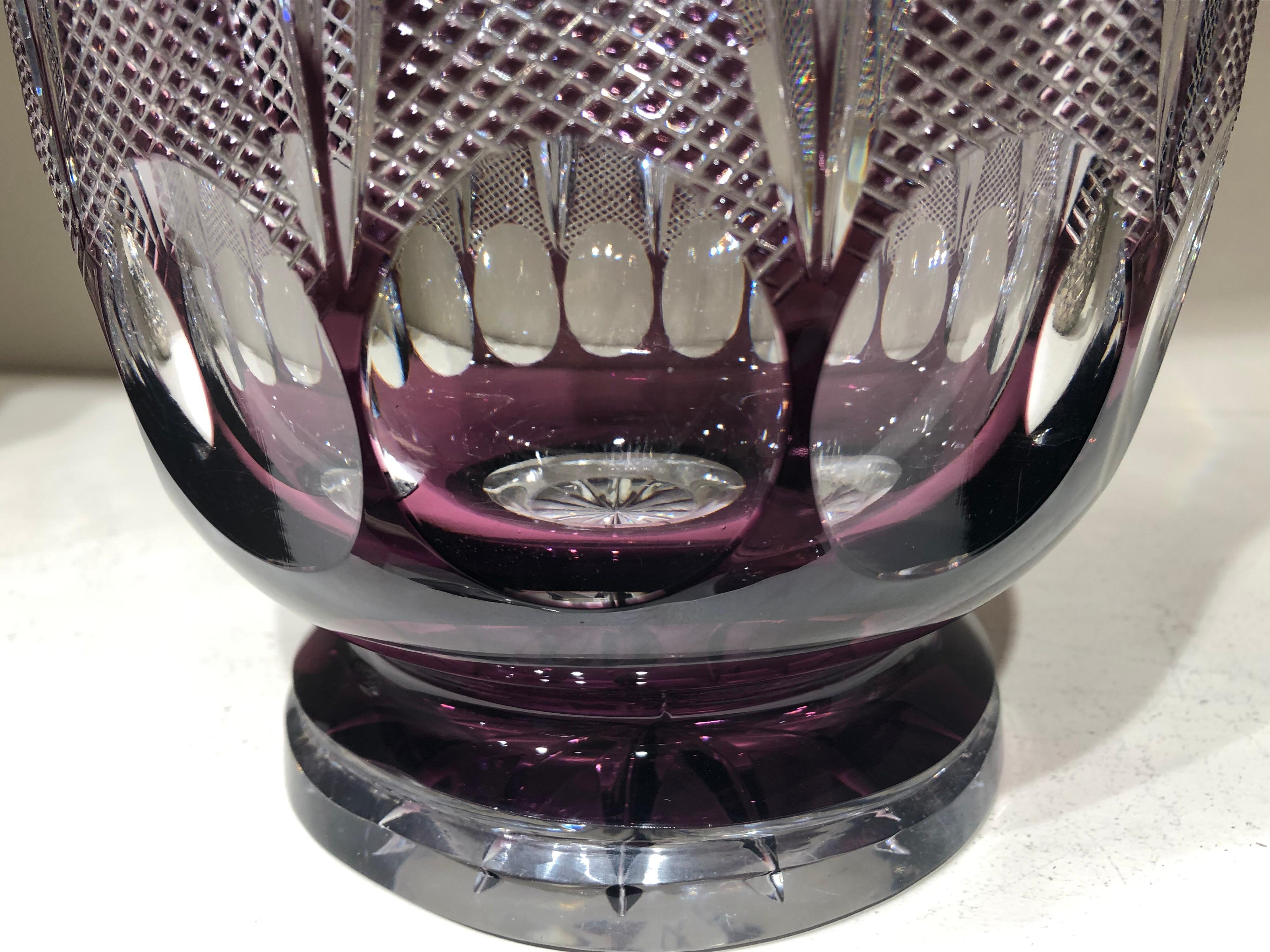 Belgian Val St Lambert Large and Heavy Crystal Vase in Amethyst and Clear Glass