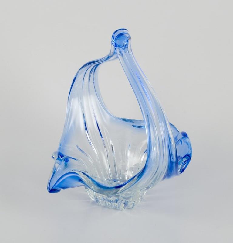Belgian Val St. Lambert. Large blown glass bowl. Blue and clear glass. Mid-20th C. For Sale