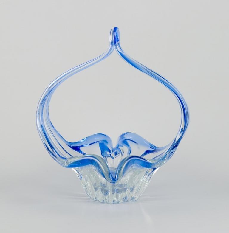 20th Century Val St. Lambert. Large blown glass bowl. Blue and clear glass. Mid-20th C. For Sale