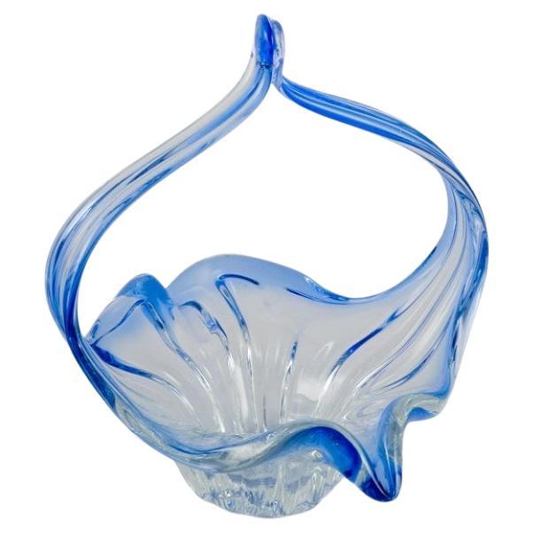 Val St. Lambert. Large blown glass bowl. Blue and clear glass. Mid-20th C. For Sale