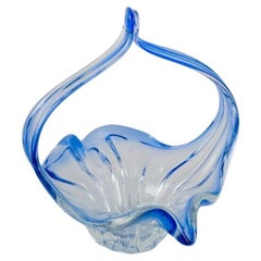 Retro Val St. Lambert. Large blown glass bowl. Blue and clear glass. Mid-20th C.