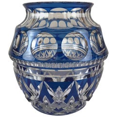 Val St Lambert Large Blue and Clear Crystal Vase