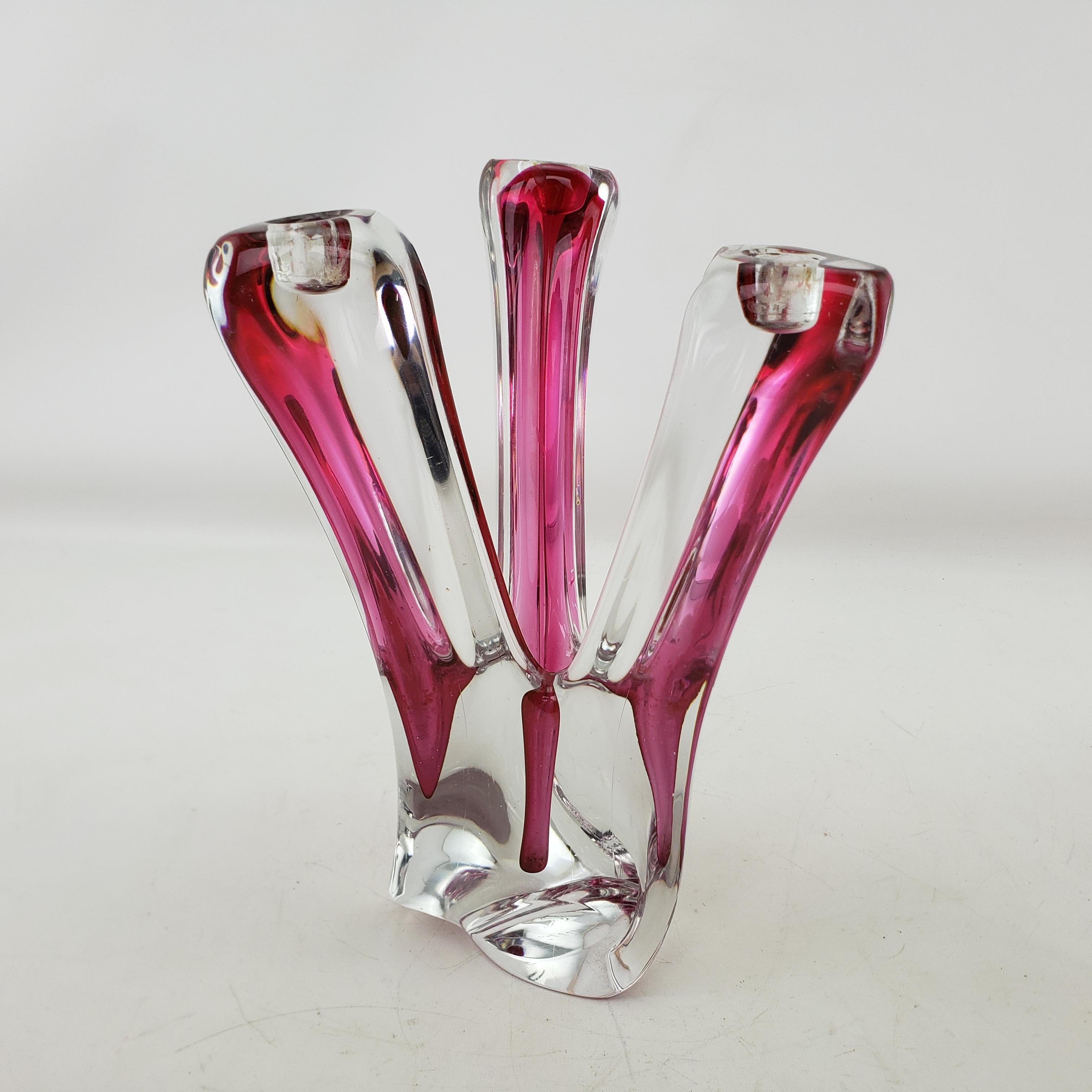 Val St. Lambert Mid-Century Large Clear & Submerged Cranberry Crystal Candelabra For Sale 6