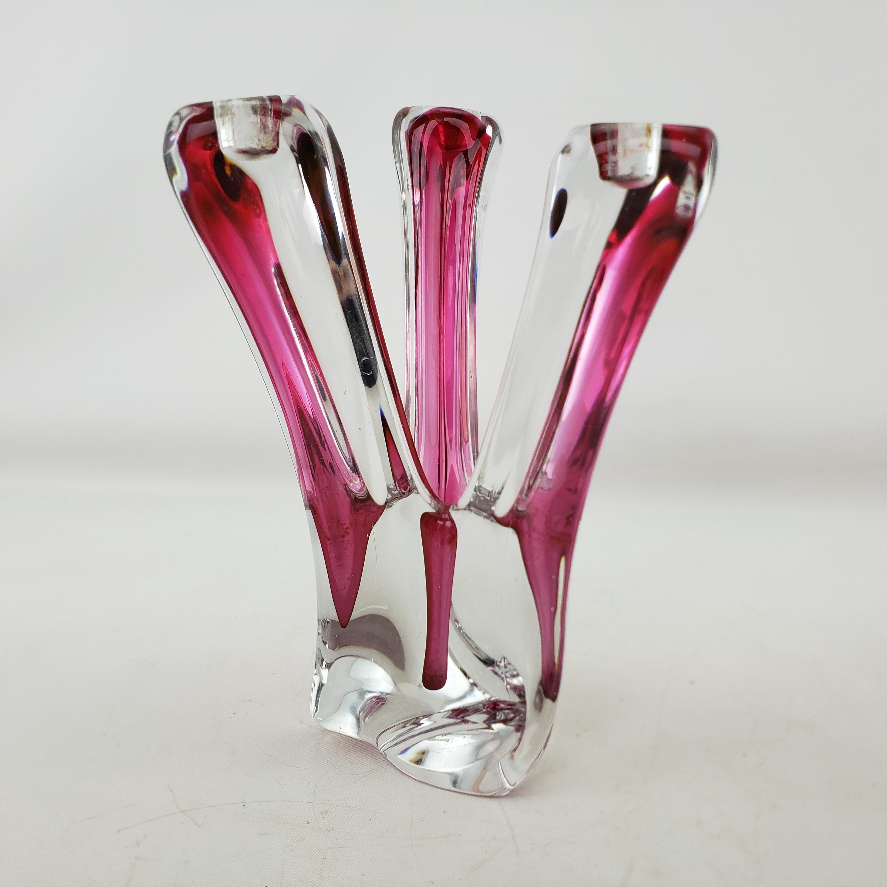 Val St. Lambert Mid-Century Large Clear & Submerged Cranberry Crystal Candelabra For Sale 7