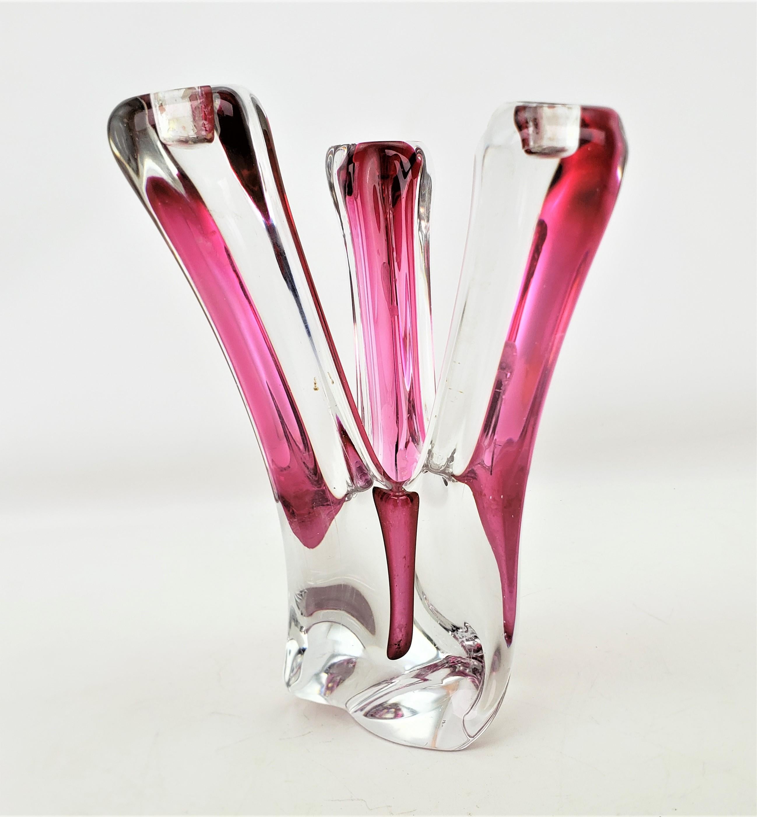 Belgian Val St. Lambert Mid-Century Large Clear & Submerged Cranberry Crystal Candelabra For Sale