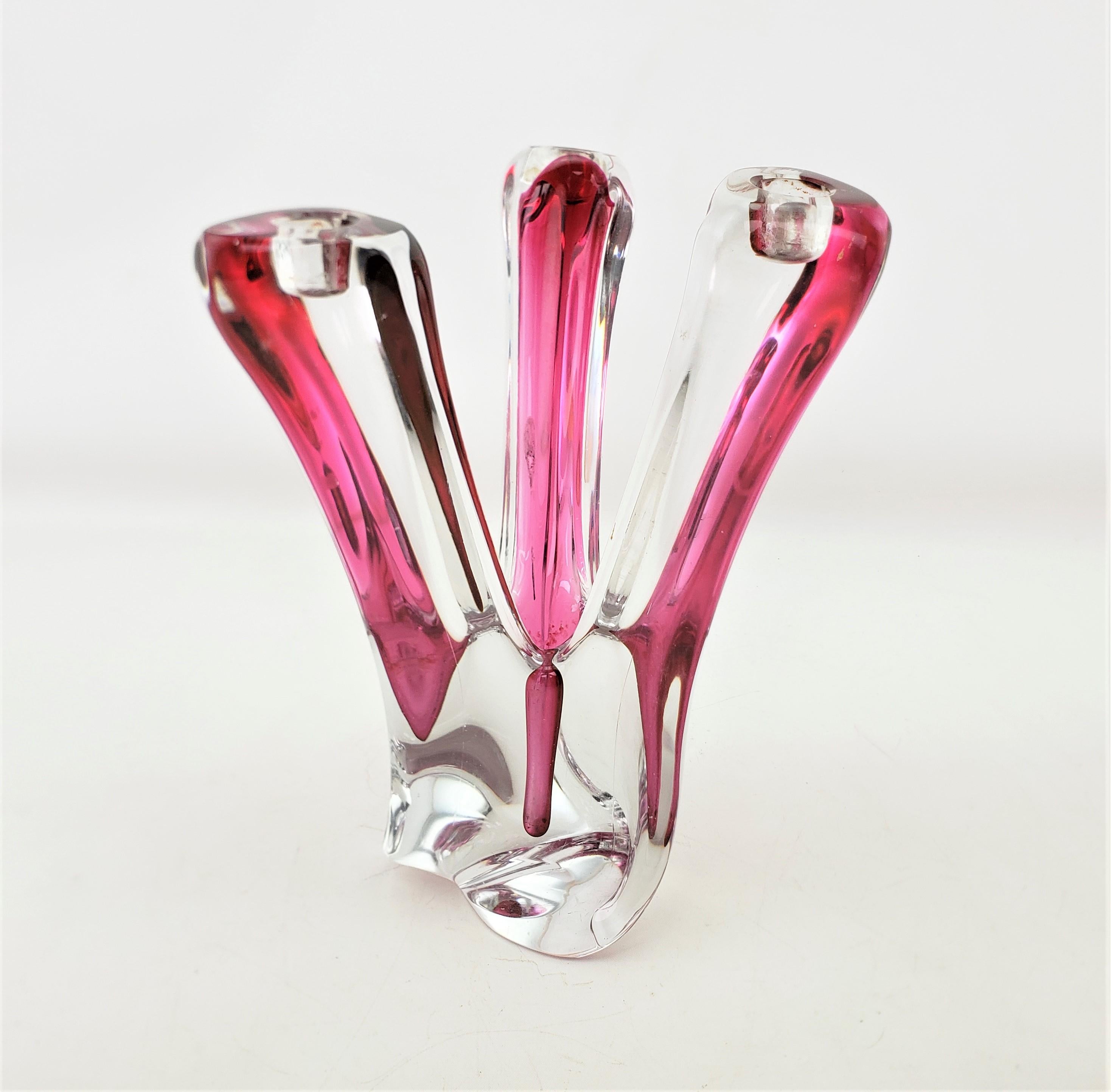 Val St. Lambert Mid-Century Large Clear & Submerged Cranberry Crystal Candelabra For Sale 1