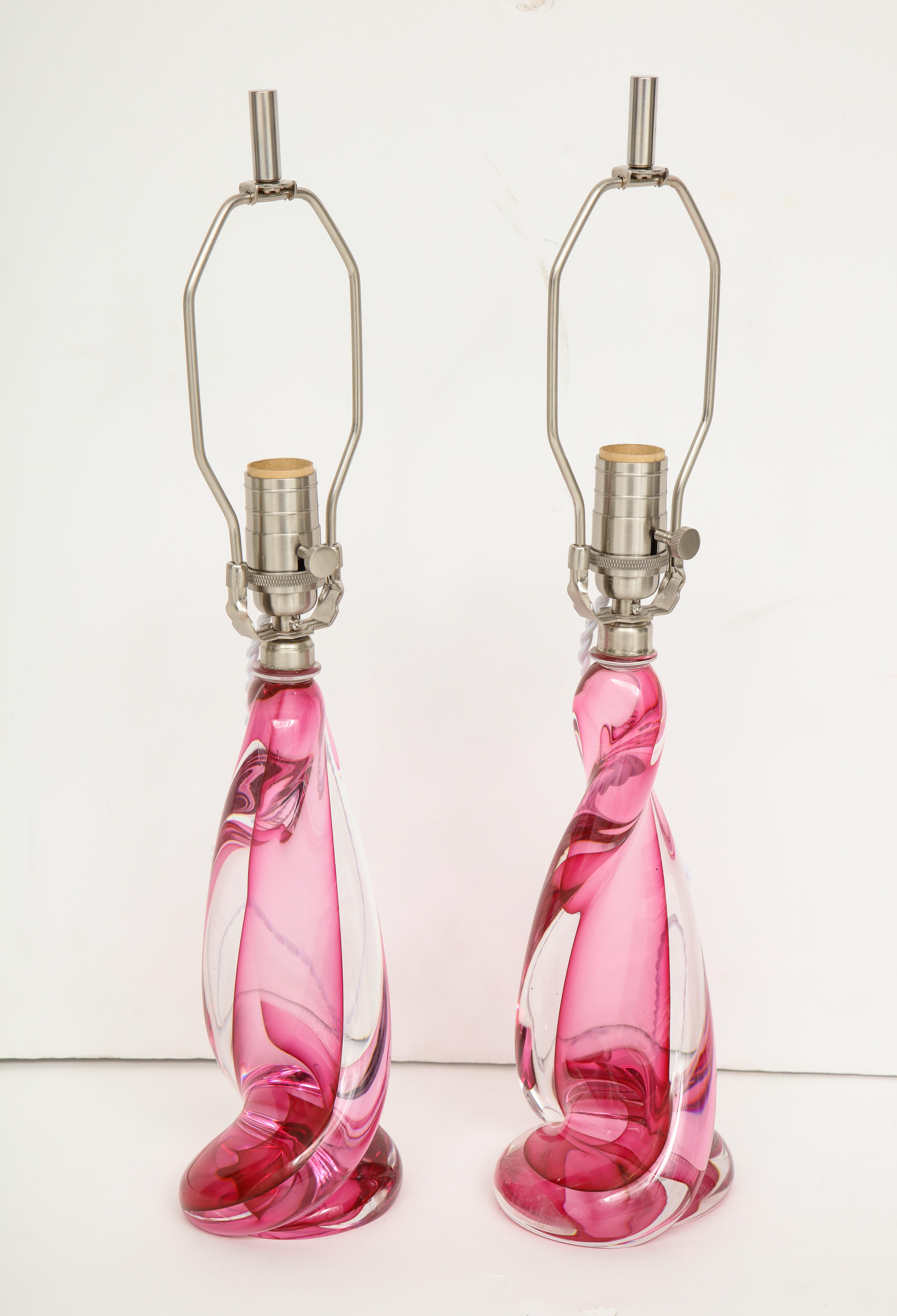 Val St Lambert Pink, Clear Crystal Lamps In Excellent Condition In New York, NY