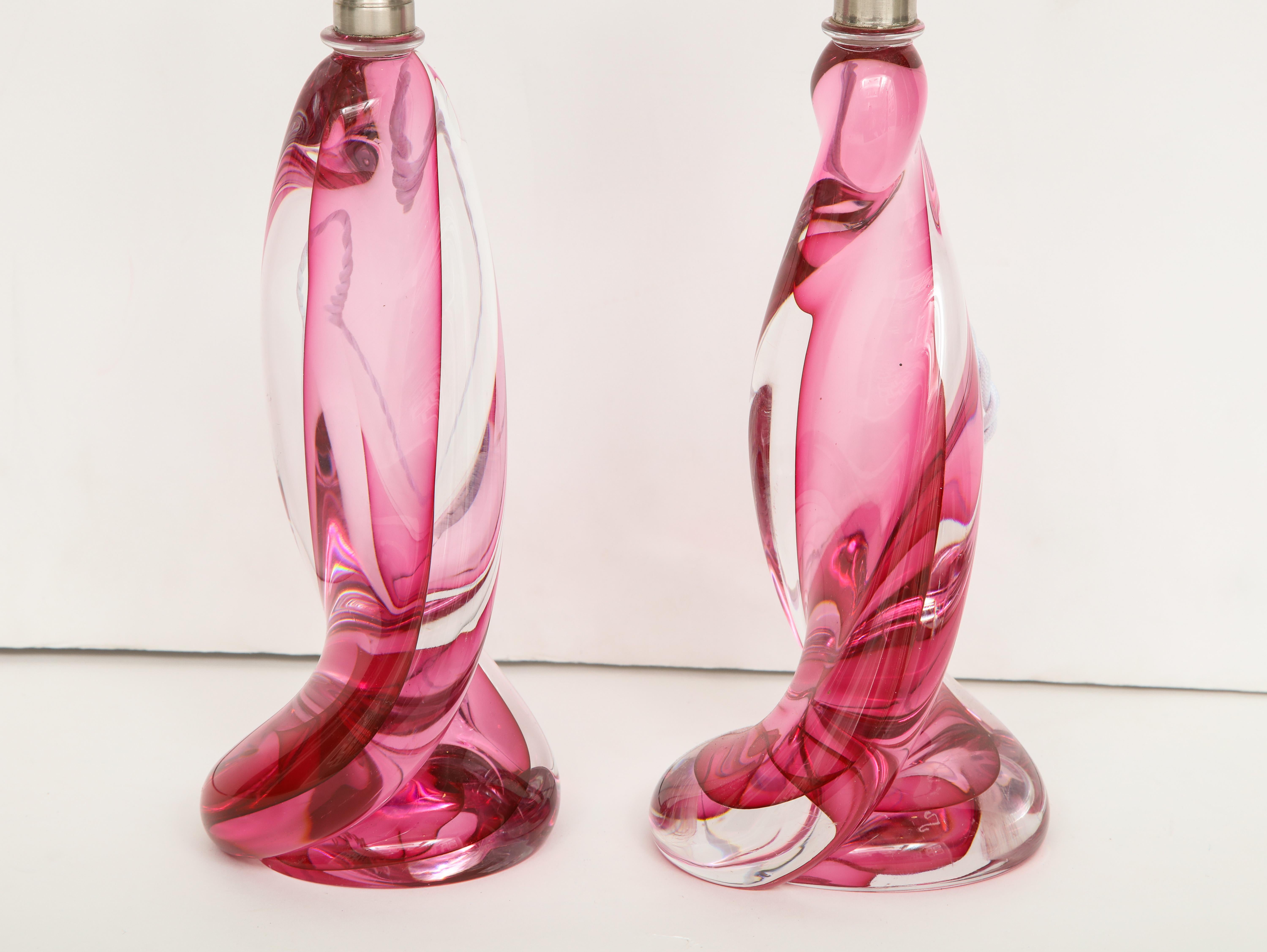 Val St Lambert Pink, Clear Crystal Lamps 1