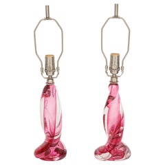 Val St Lambert Pink, Clear Crystal Lamps