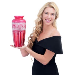 Val St Lambert Rare Pair of Cranberry Cameo Glass Vases