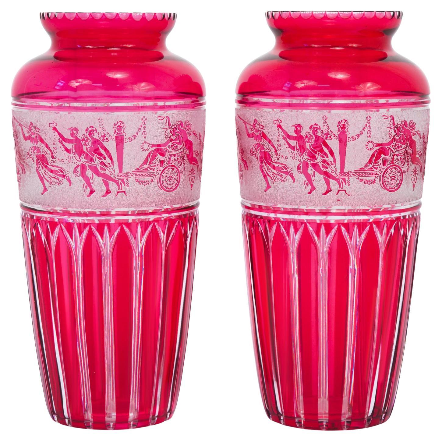 Val St Lambert Rare Pair of Cranberry Cameo Glass Vases