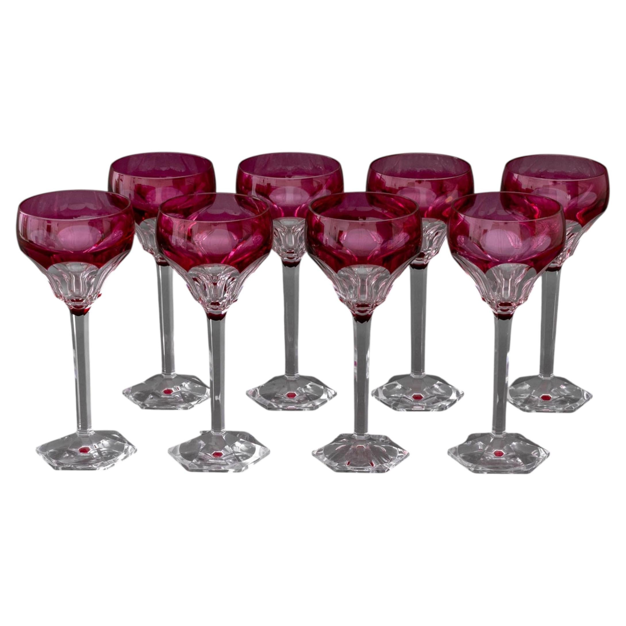 Set of Eight Val Saint Lambert Cranberry Red Cut Crystal Wine Glasses For Sale
