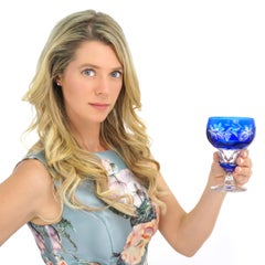 Val St. Lambert Set of 12 Cobalt Blue "Vignes" Pattern Goblets