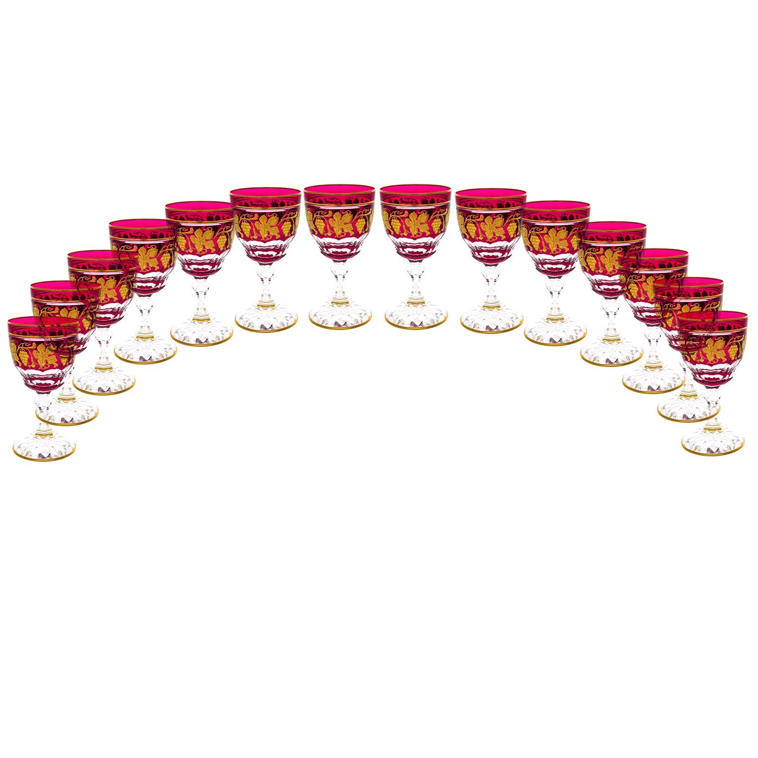 Belgian Val St. Lambert Set of 14 Pampre D'Or Pattern Water Goblets For Sale