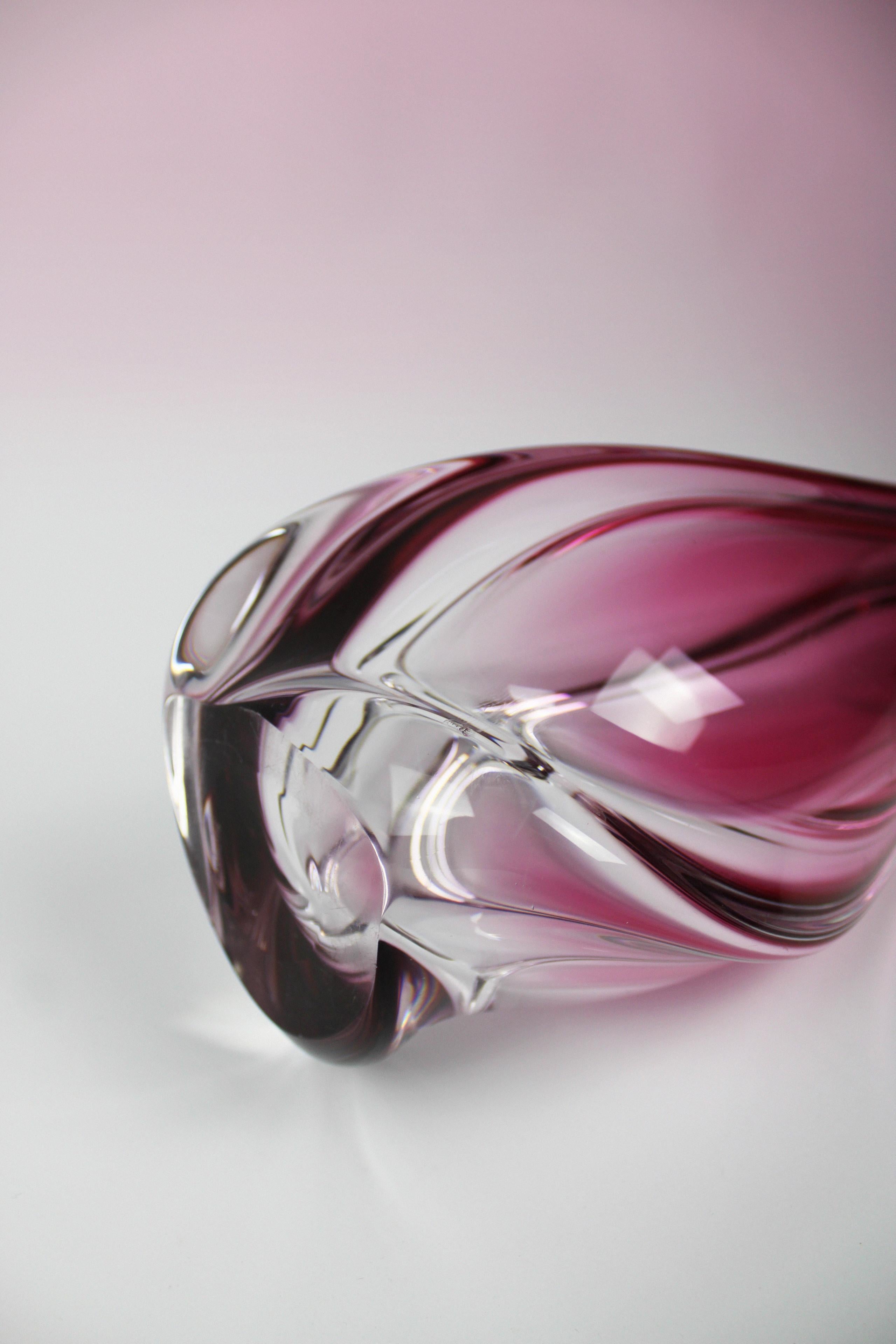 Val St Lambert Vase Art Crystal Glass Pink Vintage Art Deco 1950's Belgium For Sale 1