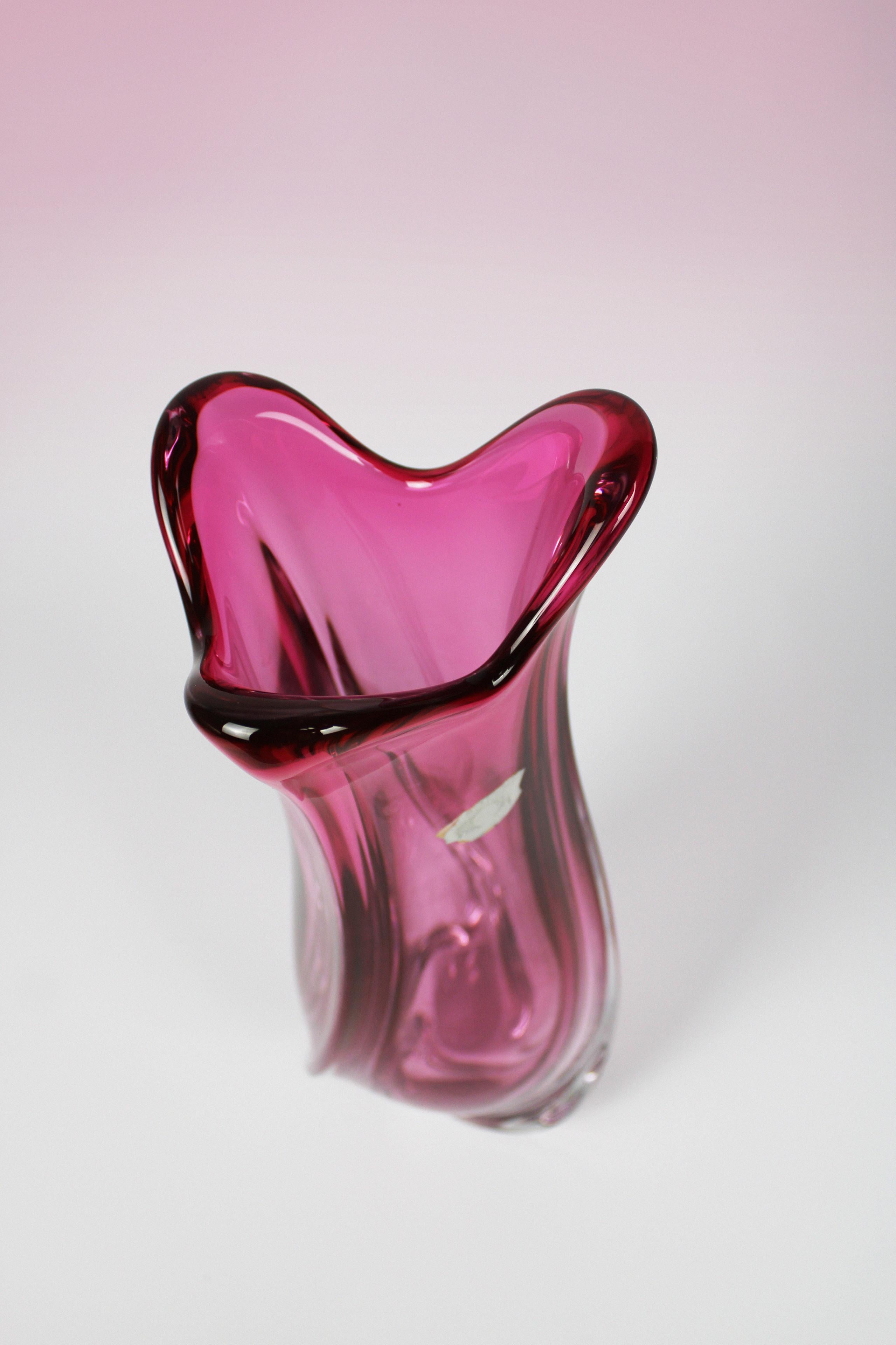 Belgian Val St Lambert Vase Art Crystal Glass Pink Vintage Art Deco 1950's Belgium For Sale