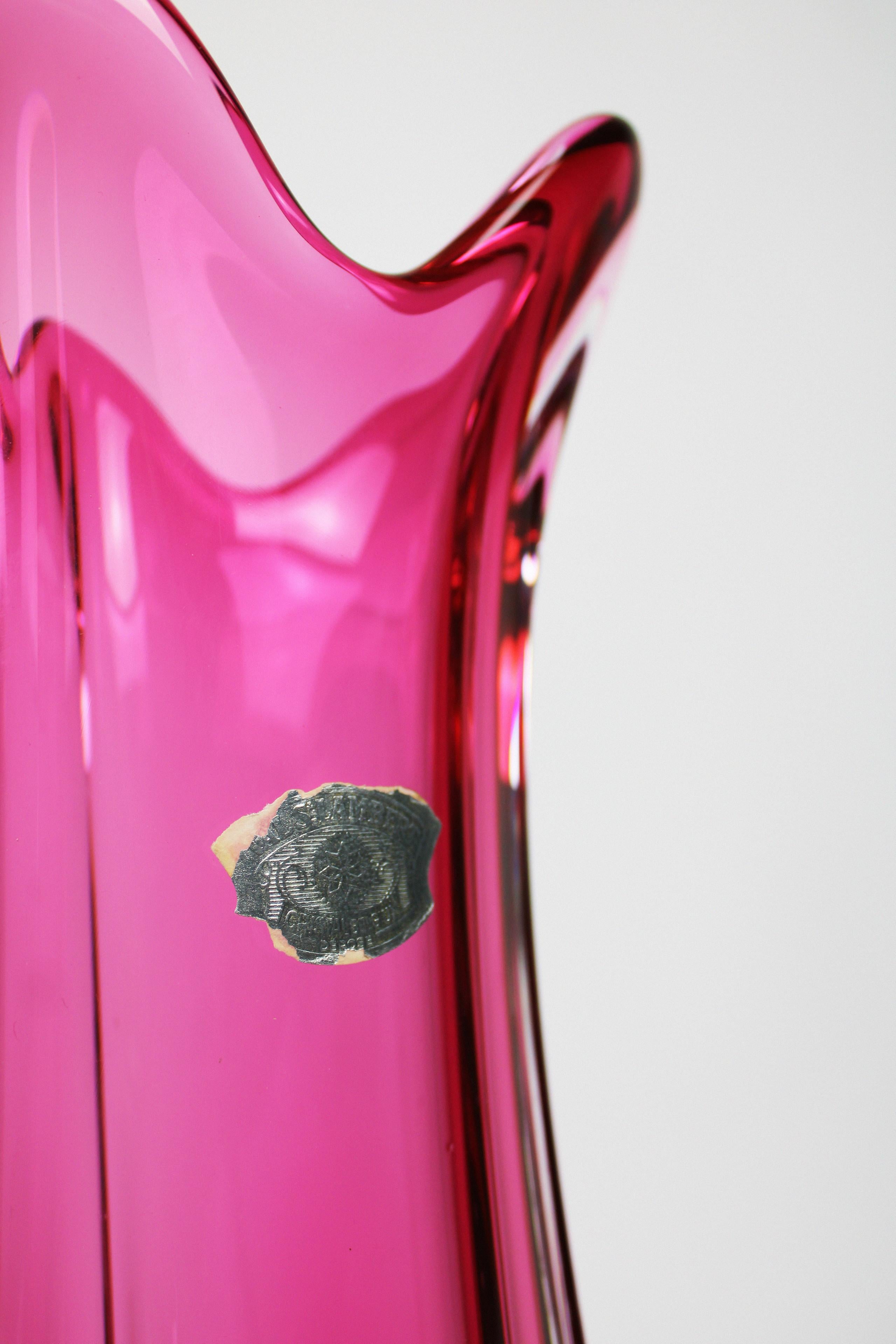 Val St Lambert Vase Art Crystal Glass Pink Vintage Art Deco 1950's Belgium In Good Condition For Sale In Antwerpen, BE
