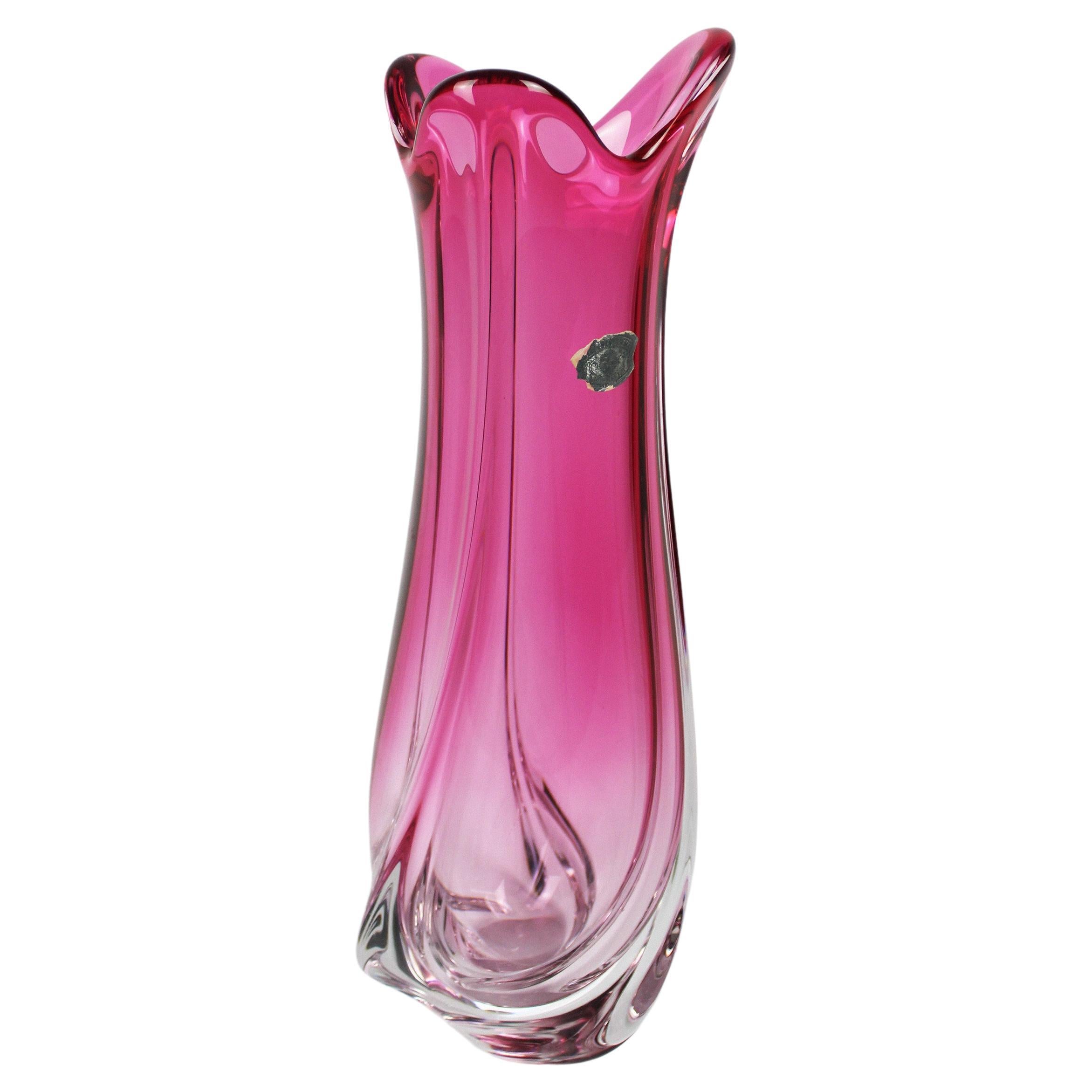Val St Lambert Vase Art Crystal Glass Pink Vintage Art Deco 1950's Belgium For Sale