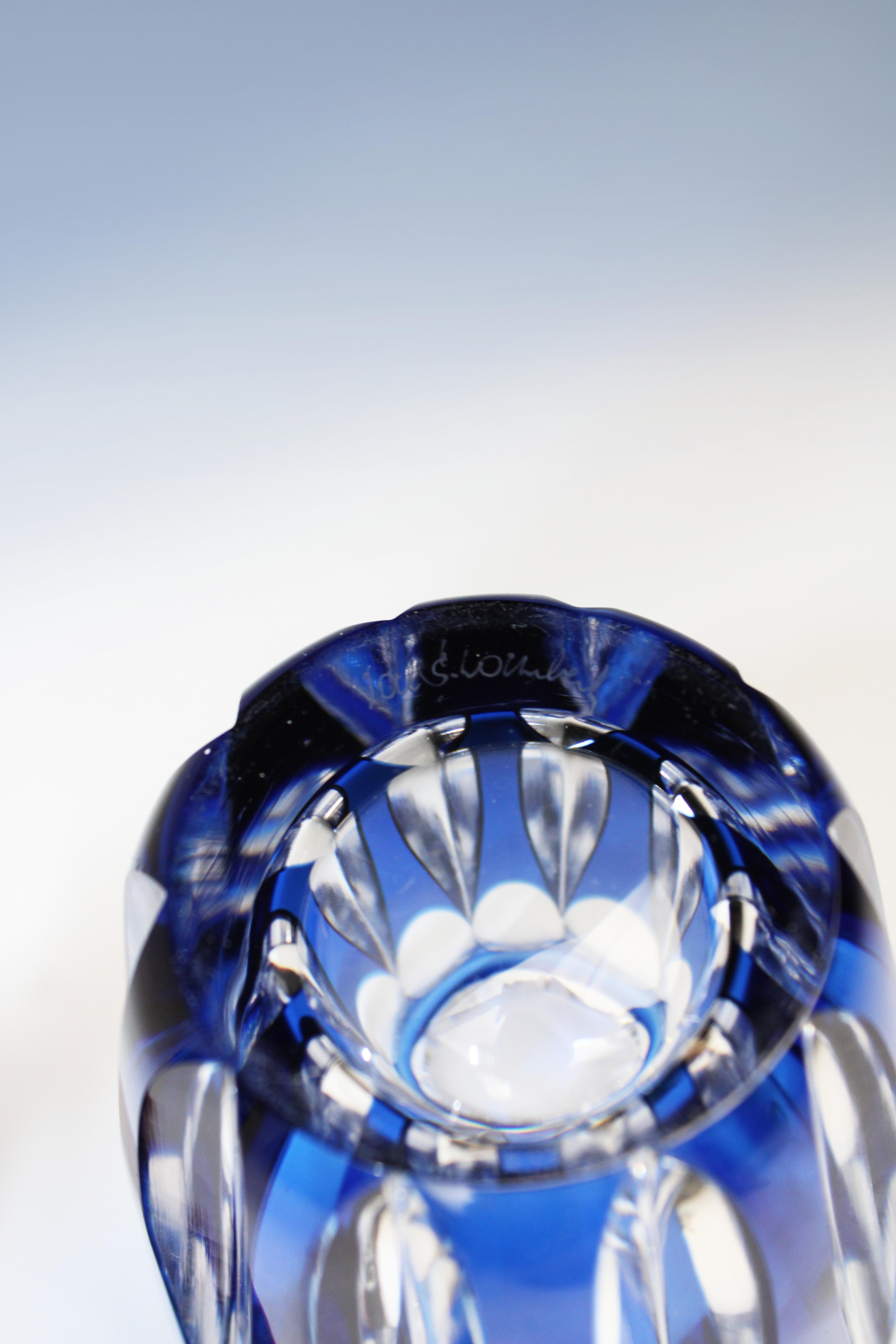 Belgian Val St Lambert Vase Art Glass Crystal Blue Art Deco Signed 1950's Belgium For Sale