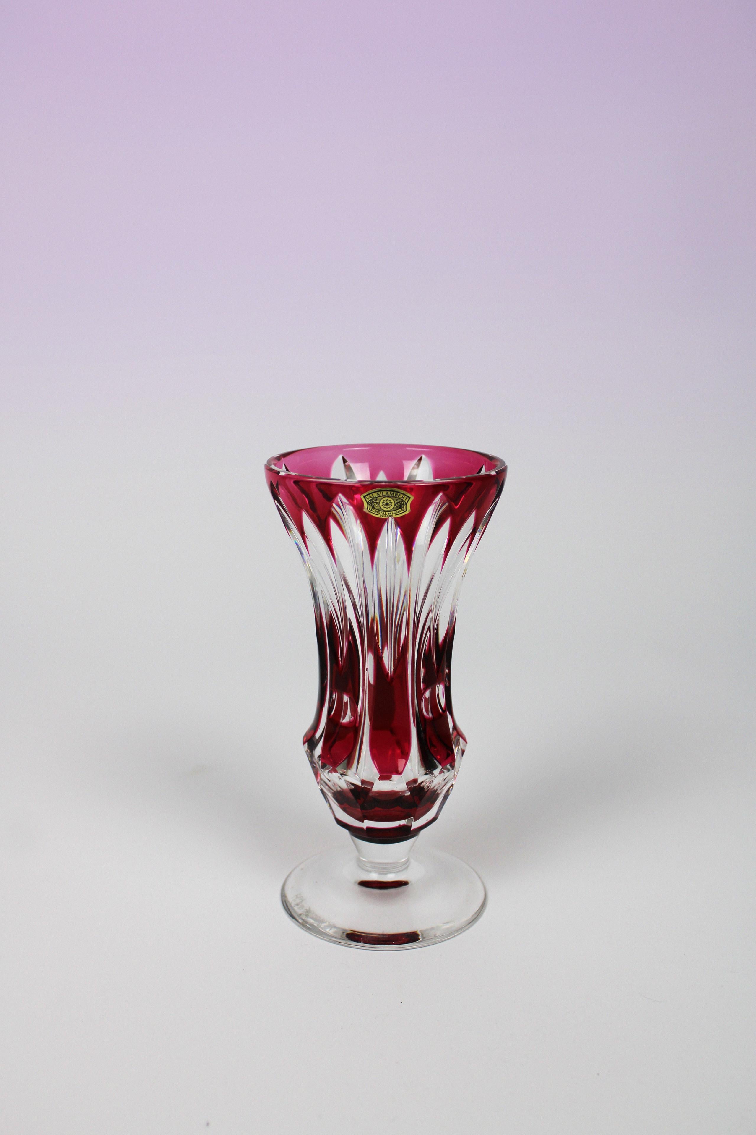 Mid-Century Modern Val St Lambert Vase Crystal Art Glass Red Vintage Art Deco Signed 1950's Belgium For Sale
