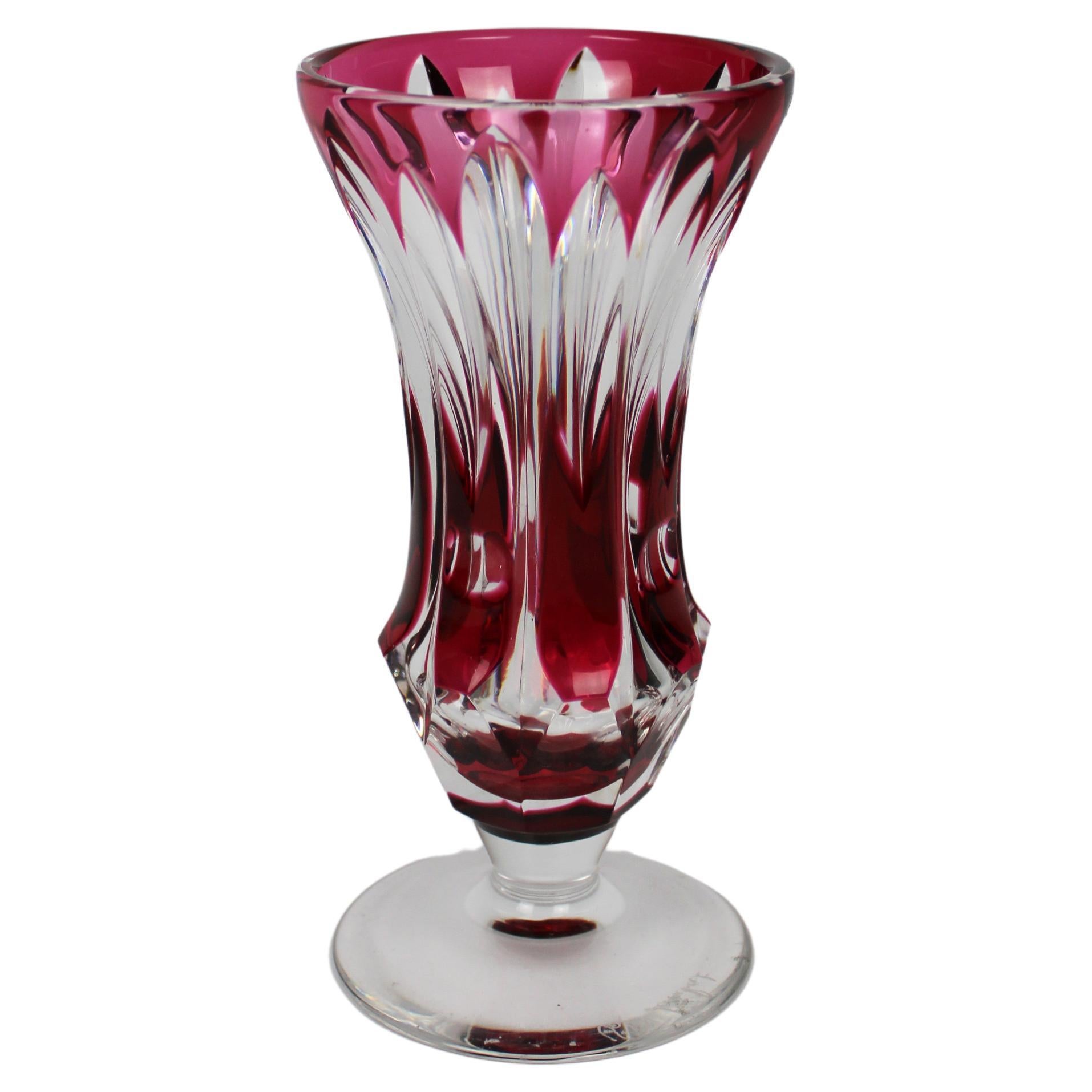 Val St Lambert Vase Crystal Art Glass Red Vintage Art Deco Signed 1950's Belgium For Sale