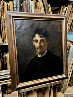 Antique French Impressionist Signed Oil Painting Portrait of Young Man