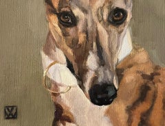A chic dog painting of a Whippet gazing at the viewer as if a model on a runway