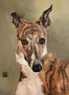 A chic dog painting of a Whippet gazing at the viewer as if a model on a runway