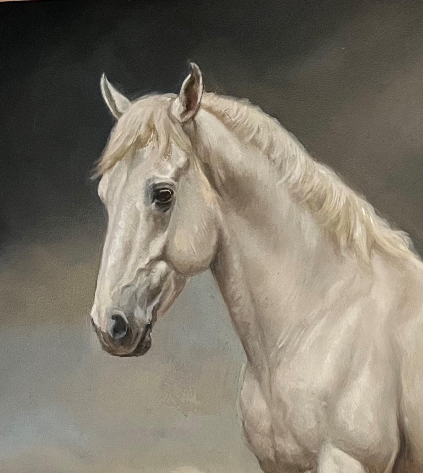Un dipinto classico a cavallo di una grande Andalusia che evoca forza e calore - Painting di Valarie Wolf