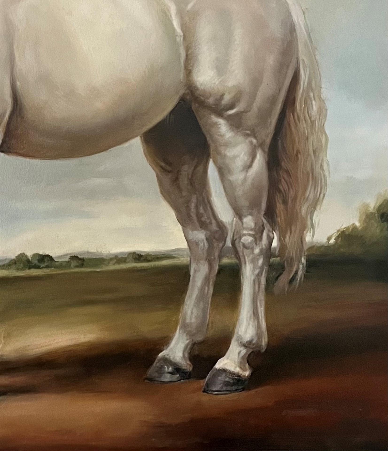 Un dipinto classico a cavallo di una grande Andalusia che evoca forza e calore - Animal Painting Marrone di Valarie Wolf