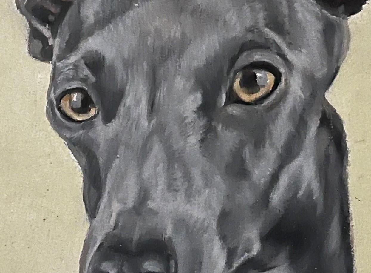 Piccolo cane che dipinge un levriero serio e intenzionato, concentrato su cosa? - Painting di Valarie Wolf