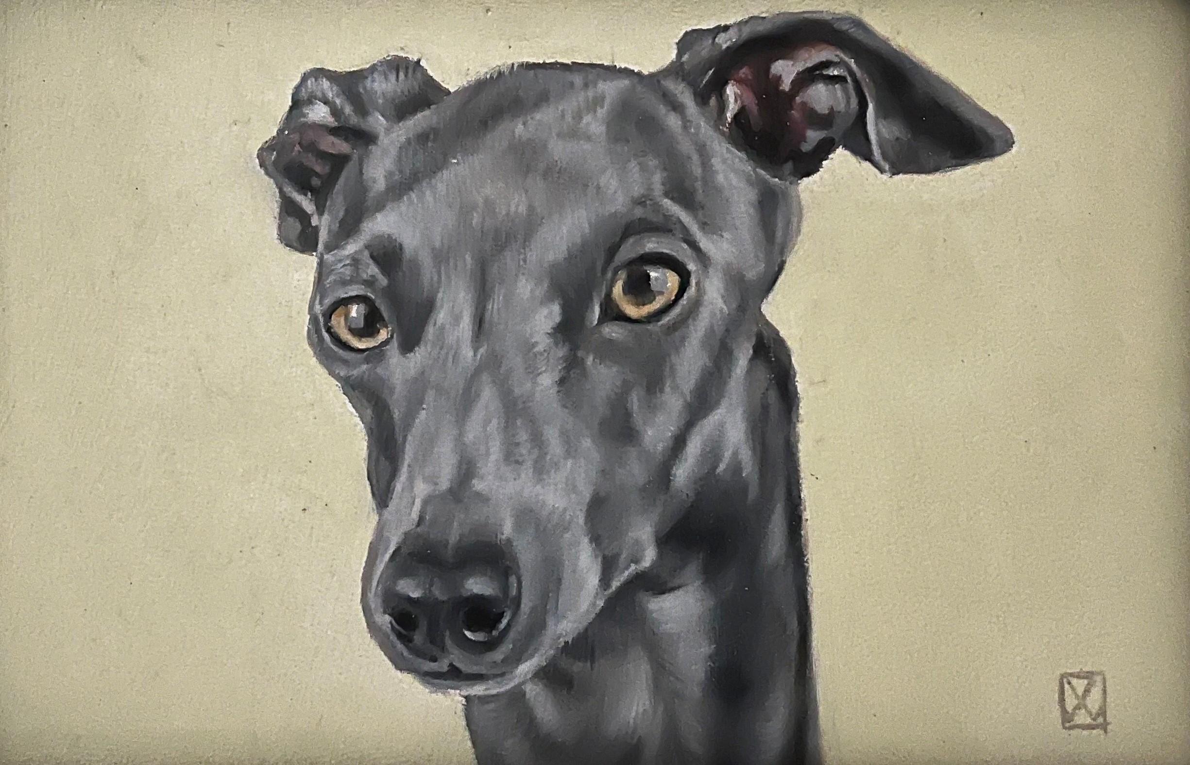 Portrait Painting di Valarie Wolf - Piccolo cane che dipinge un levriero serio e intenzionato, concentrato su cosa?