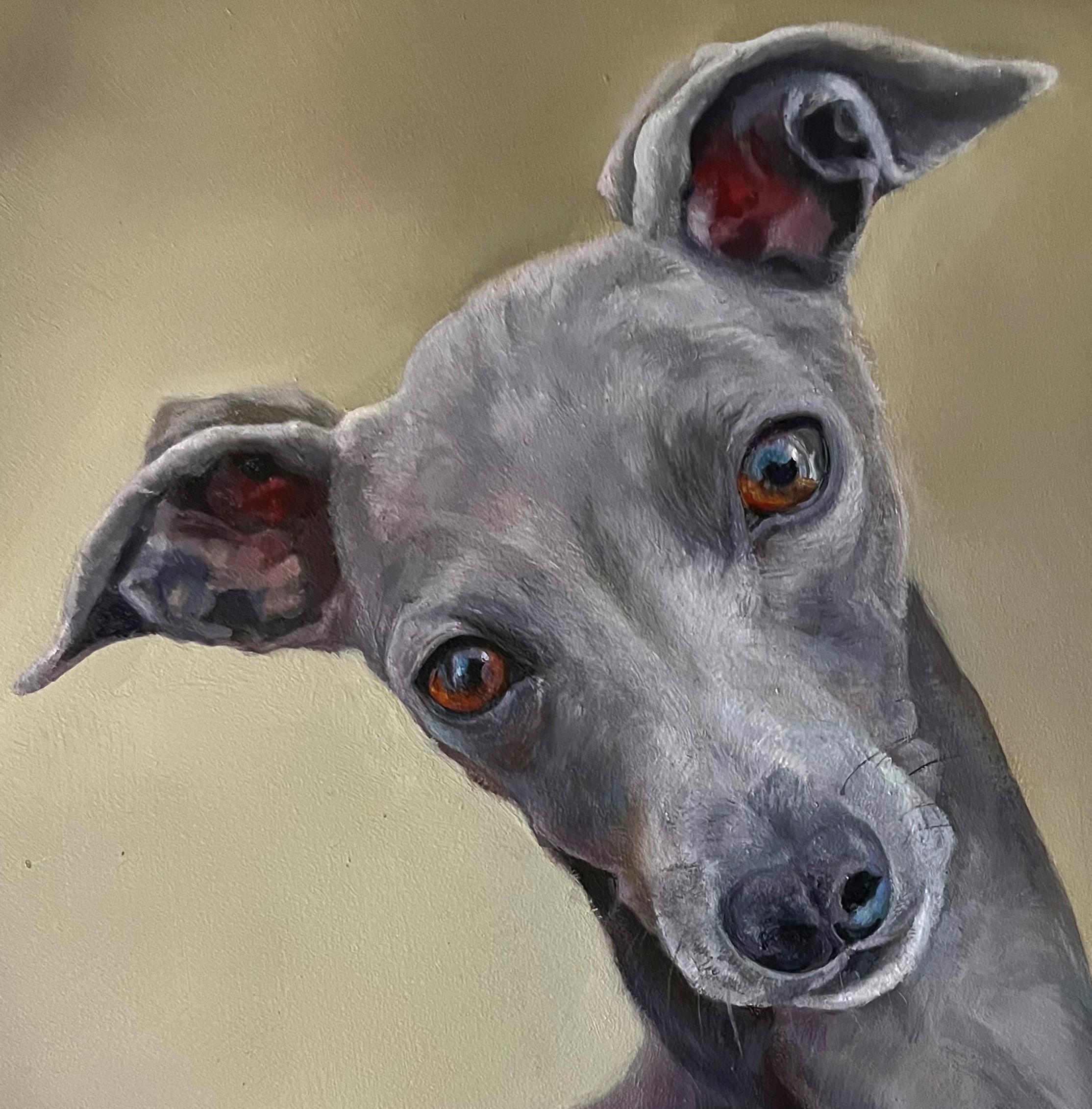 Ein raffinierter und eleganter Windhund-Wagen auf atmosphärischem Hintergrund – Painting von Valarie Wolf
