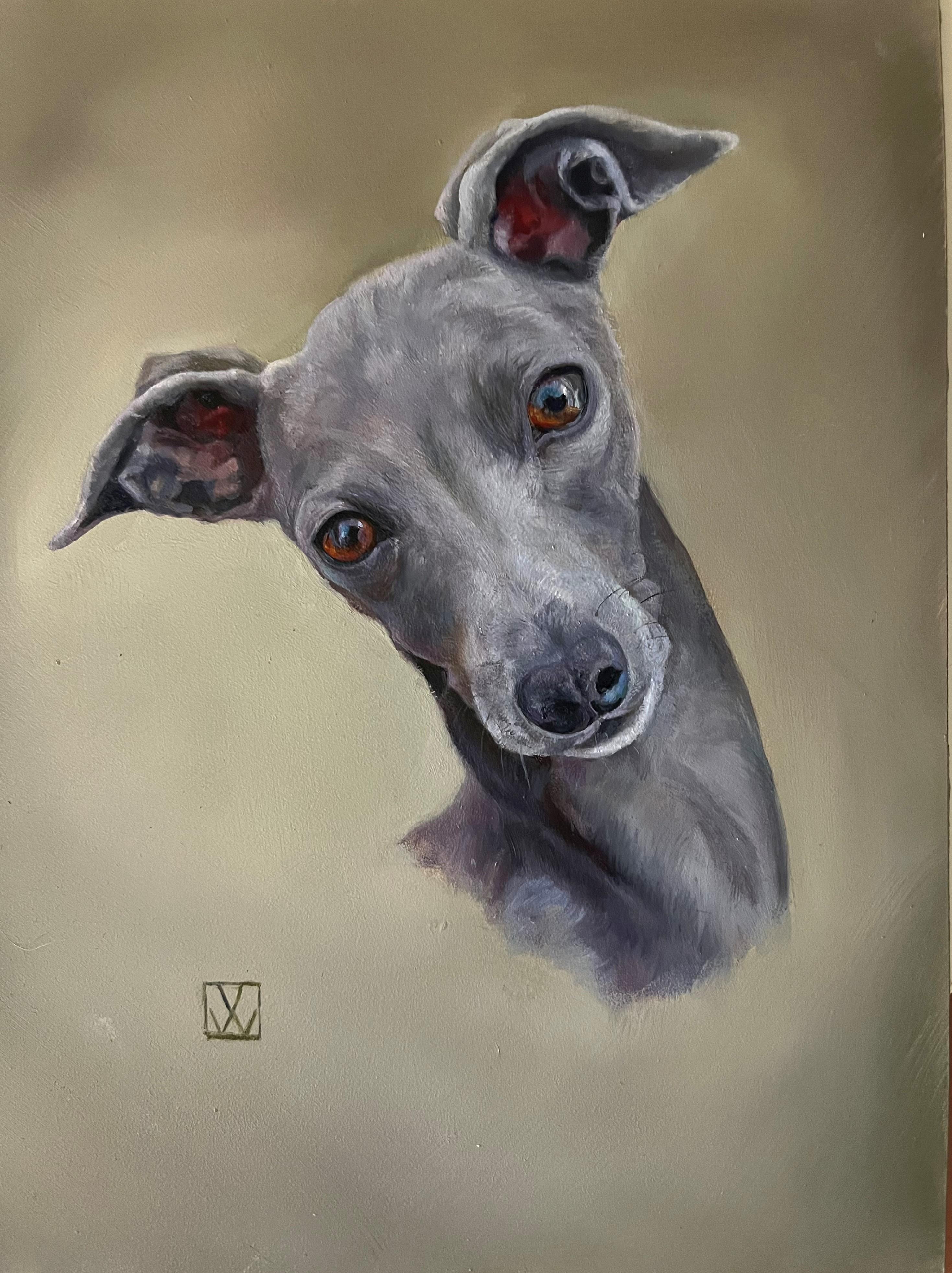 Valarie Wolf Portrait Painting – Ein raffinierter und eleganter Windhund-Wagen auf atmosphärischem Hintergrund