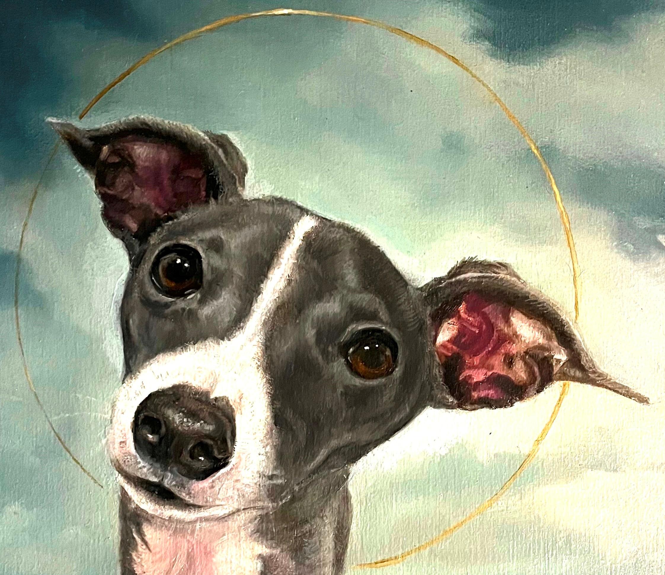 A Sacred Haloed Greyhound Reminding Us that All Dogs are Angels - Painting by Valarie Wolf