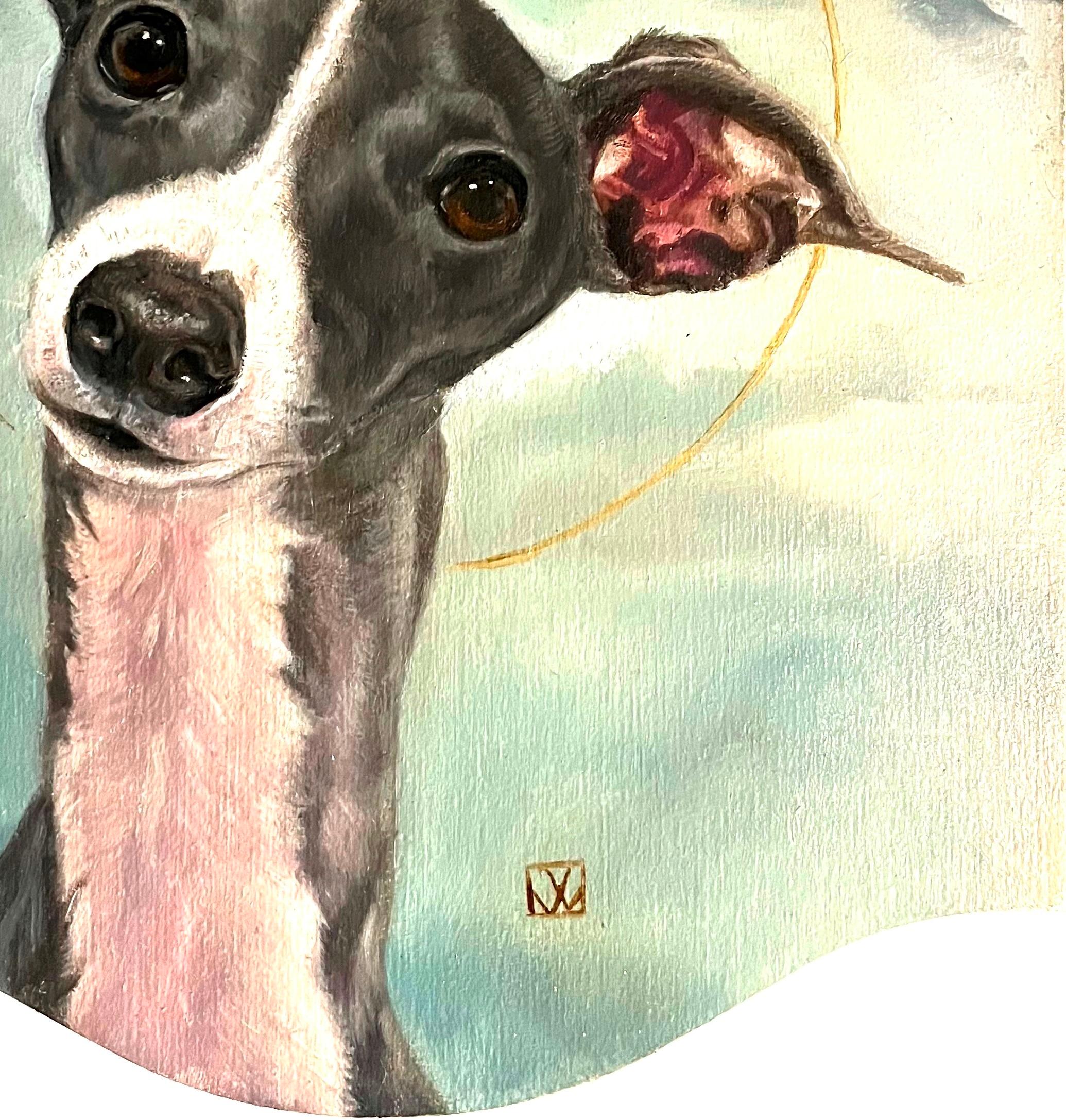 A Sacred Haloed Greyhound Reminding Us that All Dogs are Angels - Realist Painting by Valarie Wolf