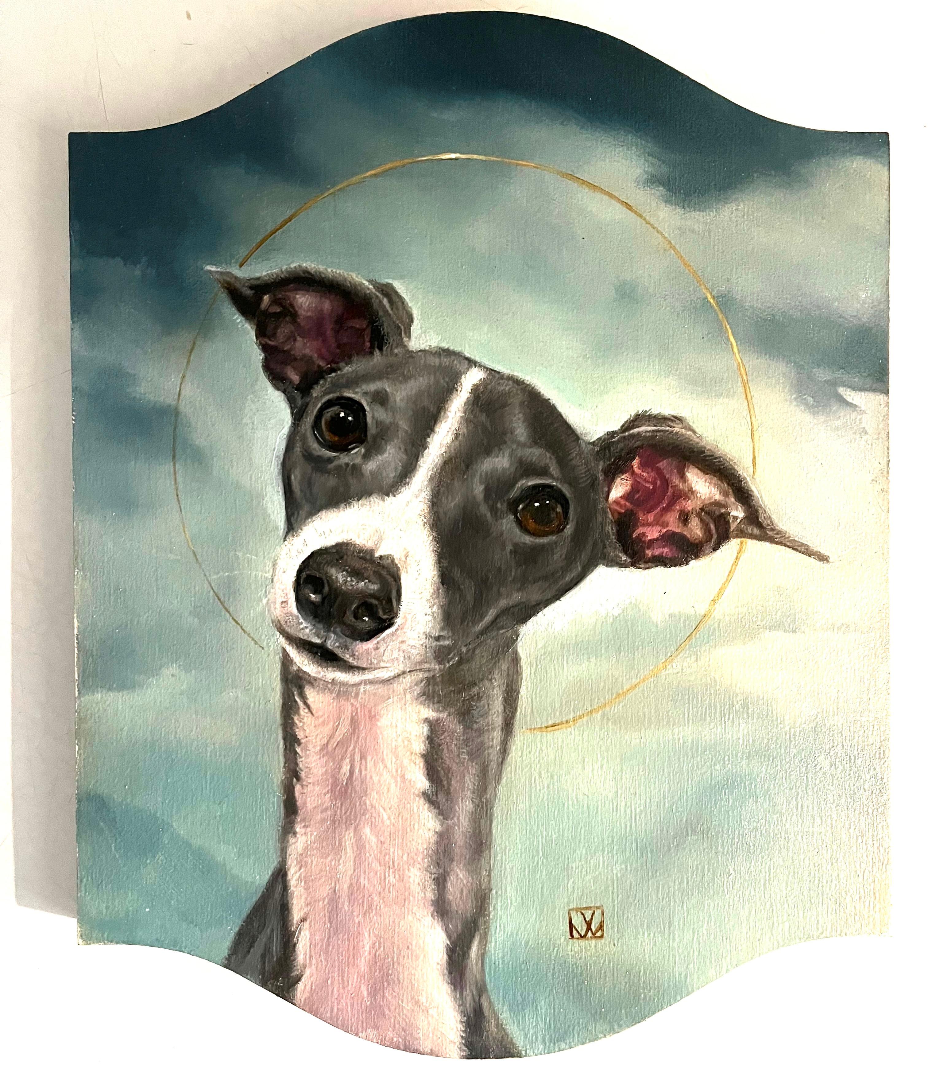 Valarie Wolf Portrait Painting – Ein heiliger gewölbter Windhund erinnert uns daran, dass alle Hunde Engel sind Engel