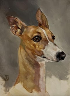 A Sighthound Dog Painting of a Whippet Dog Who is Staring Alertly at Viewer