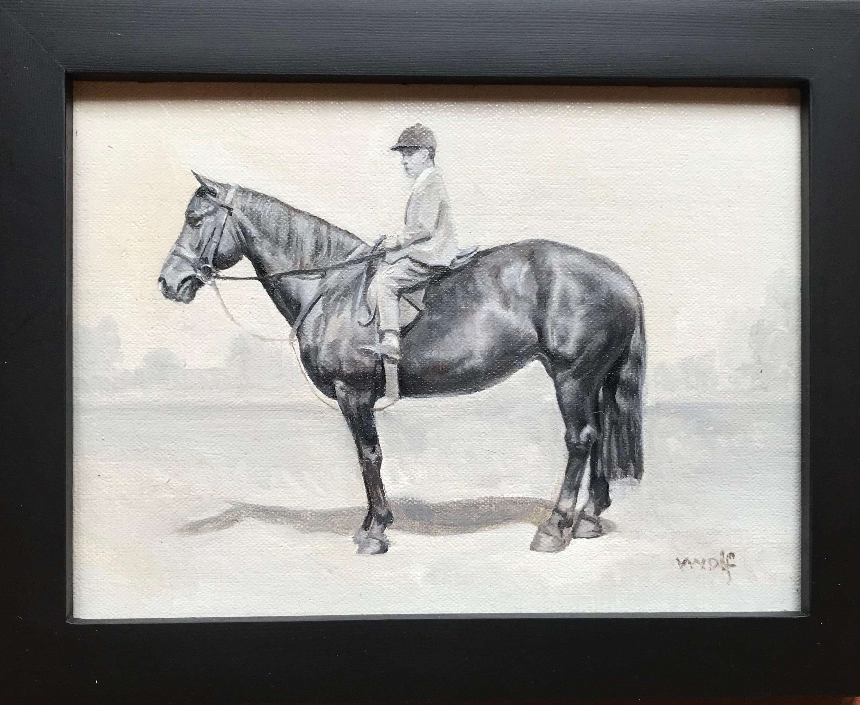 Black and White Oil  Horse Painting with a Boy Donned in Vintage Attire For Sale 1