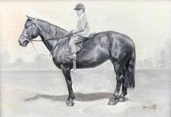 Black and White Oil  Horse Painting with a Boy Donned in Vintage Attire