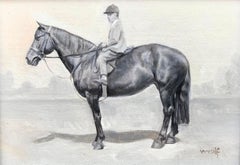 Black and White Oil Horse Painting with a Boy Donned in Vintage Attire