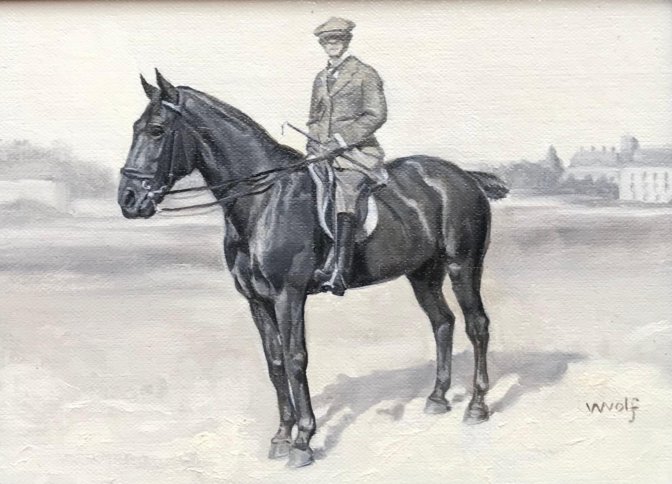 Valarie Wolf Animal Painting - Black and White Oil Horse Painting with Man with Cap Donned  Vintage Attire