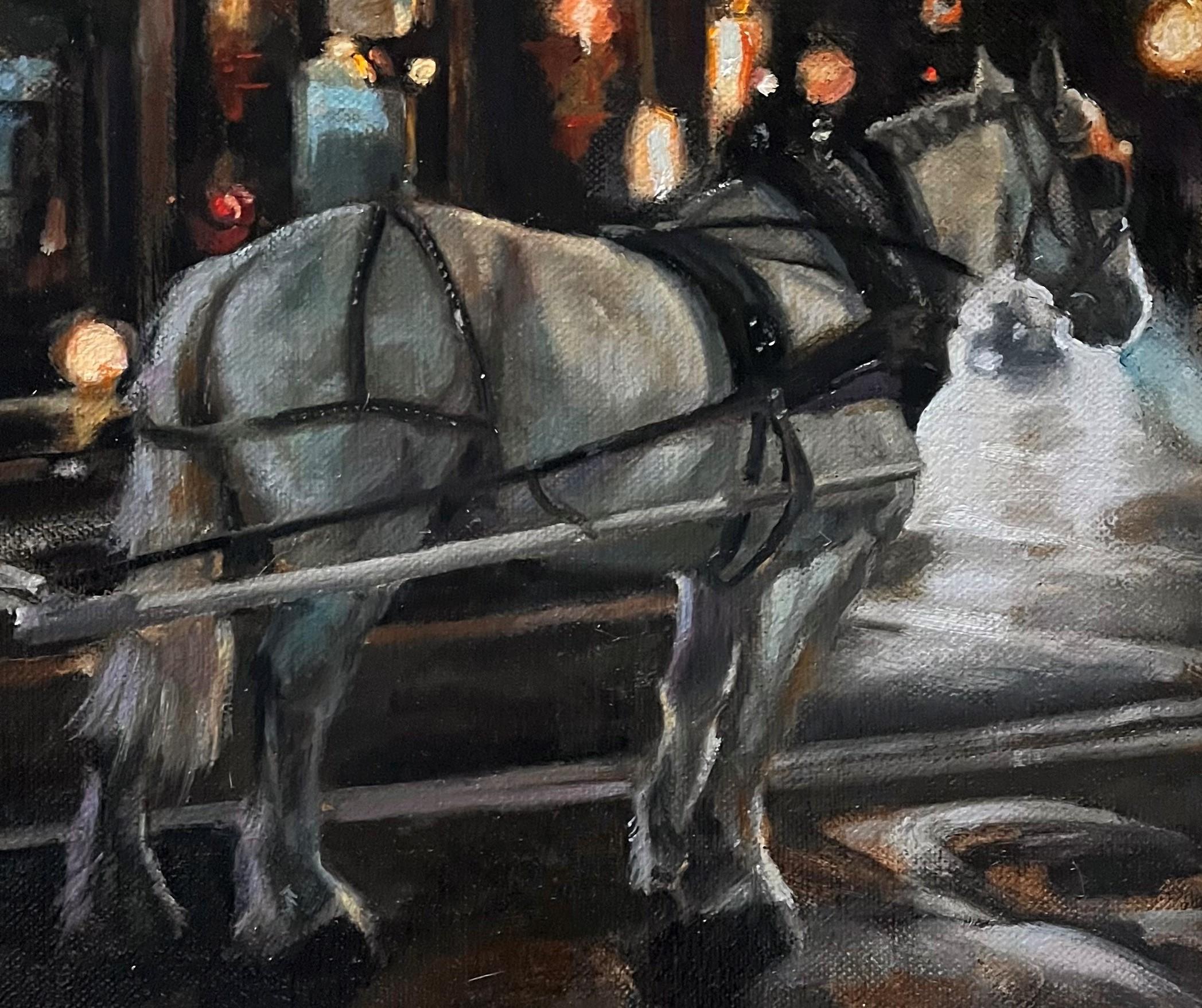 Peinture de cheval à cheval sur une rue romantique d'une ville à froid - Painting de Valarie Wolf
