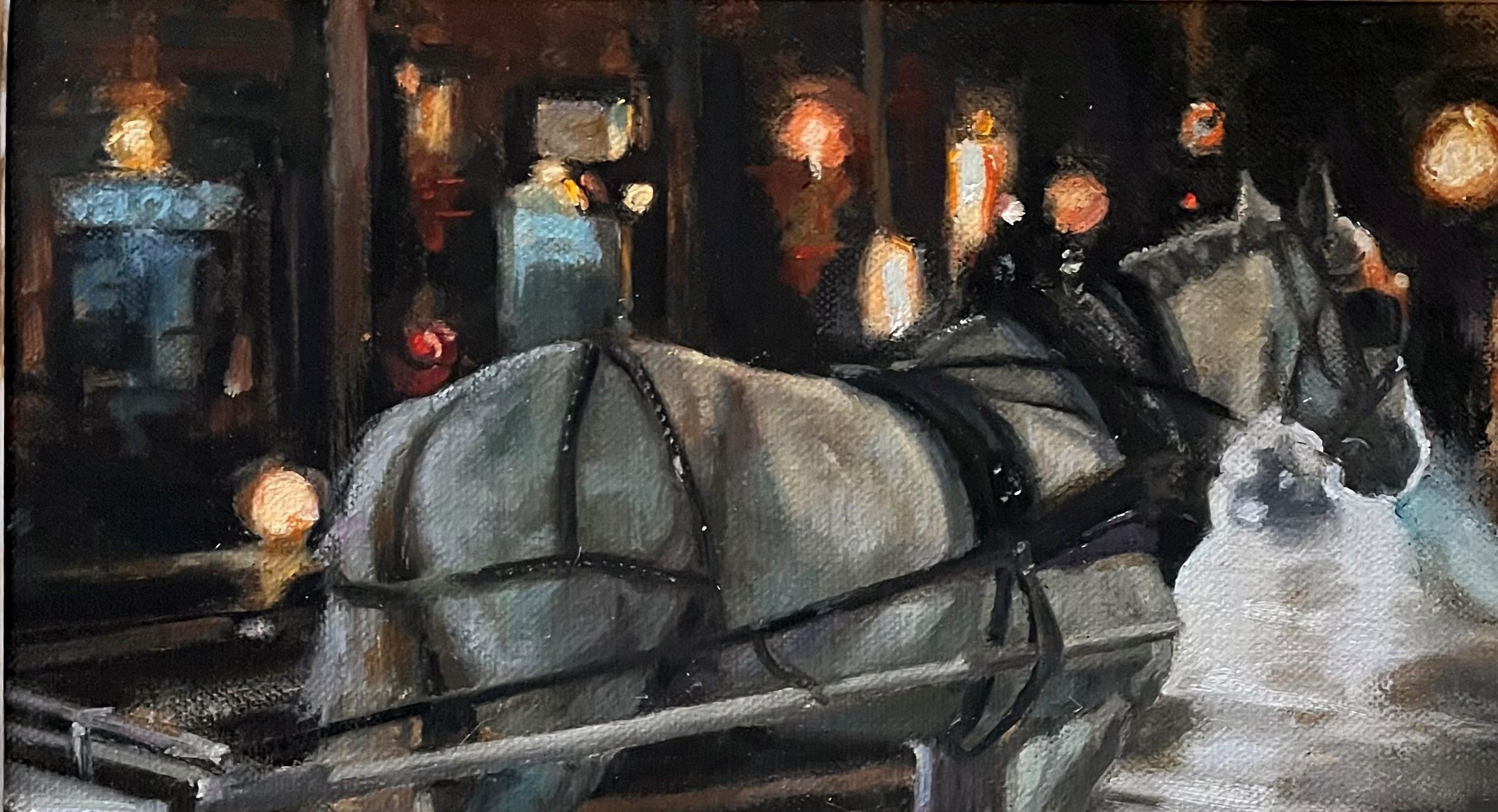 Peinture de cheval à cheval sur une rue romantique d'une ville à froid - Réalisme Painting par Valarie Wolf
