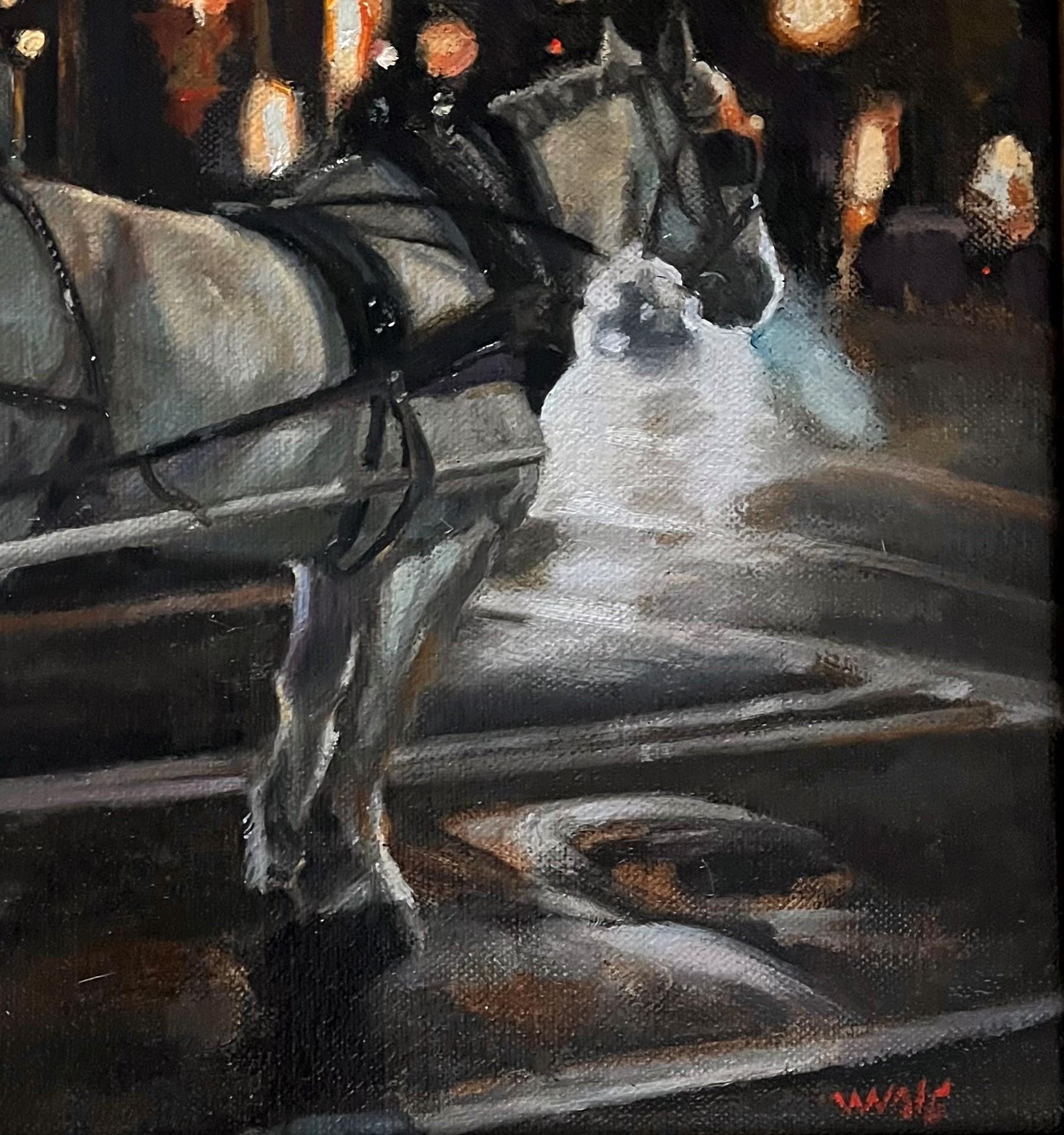 Carriage Horse Painting on a Romantic City Street on a Cold Night For Sale 2