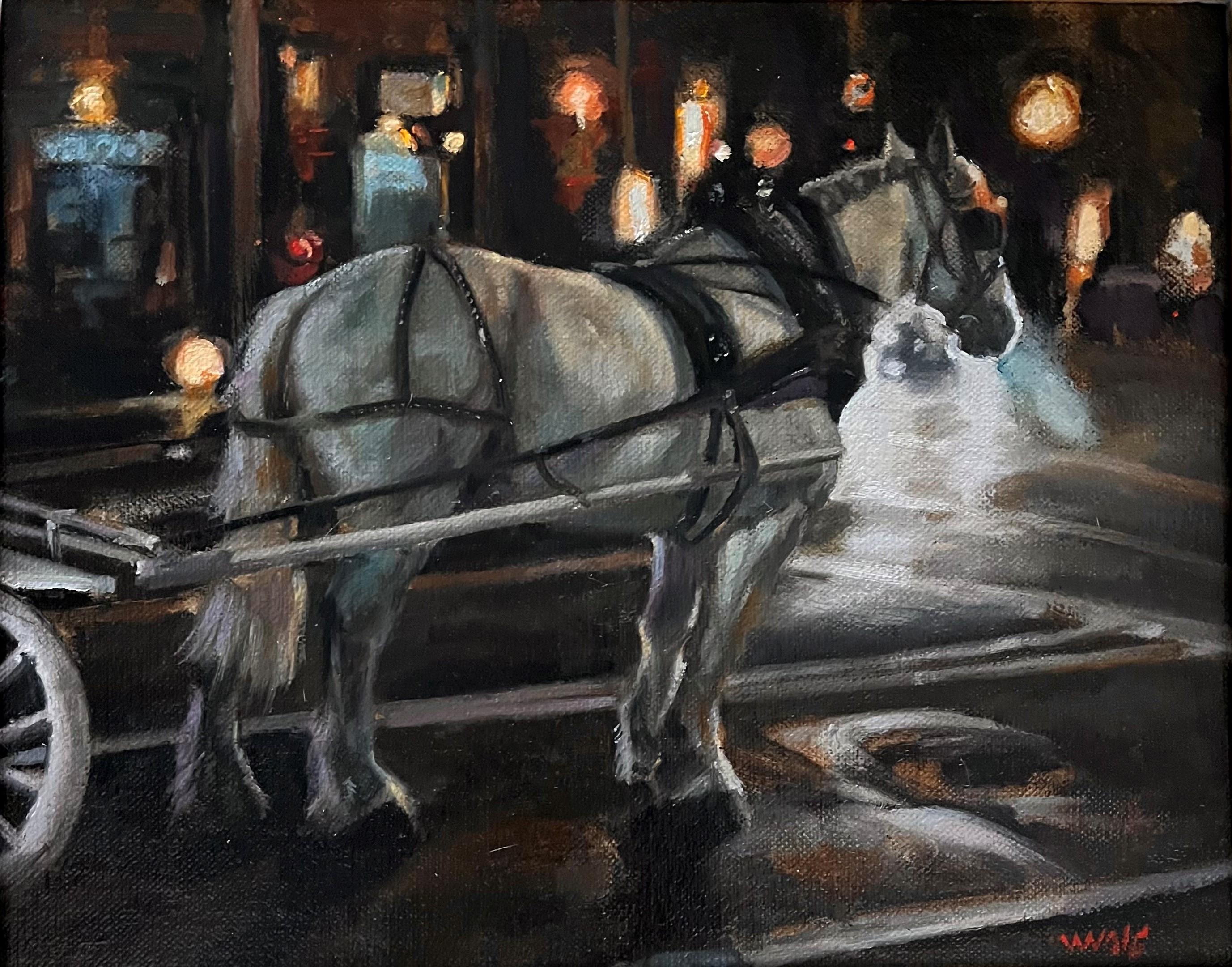 Landscape Painting Valarie Wolf - Peinture de cheval à cheval sur une rue romantique d'une ville à froid
