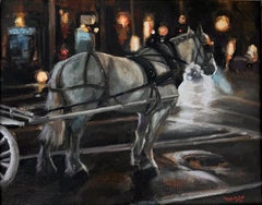 Peinture de cheval à cheval sur une rue romantique d'une ville à froid