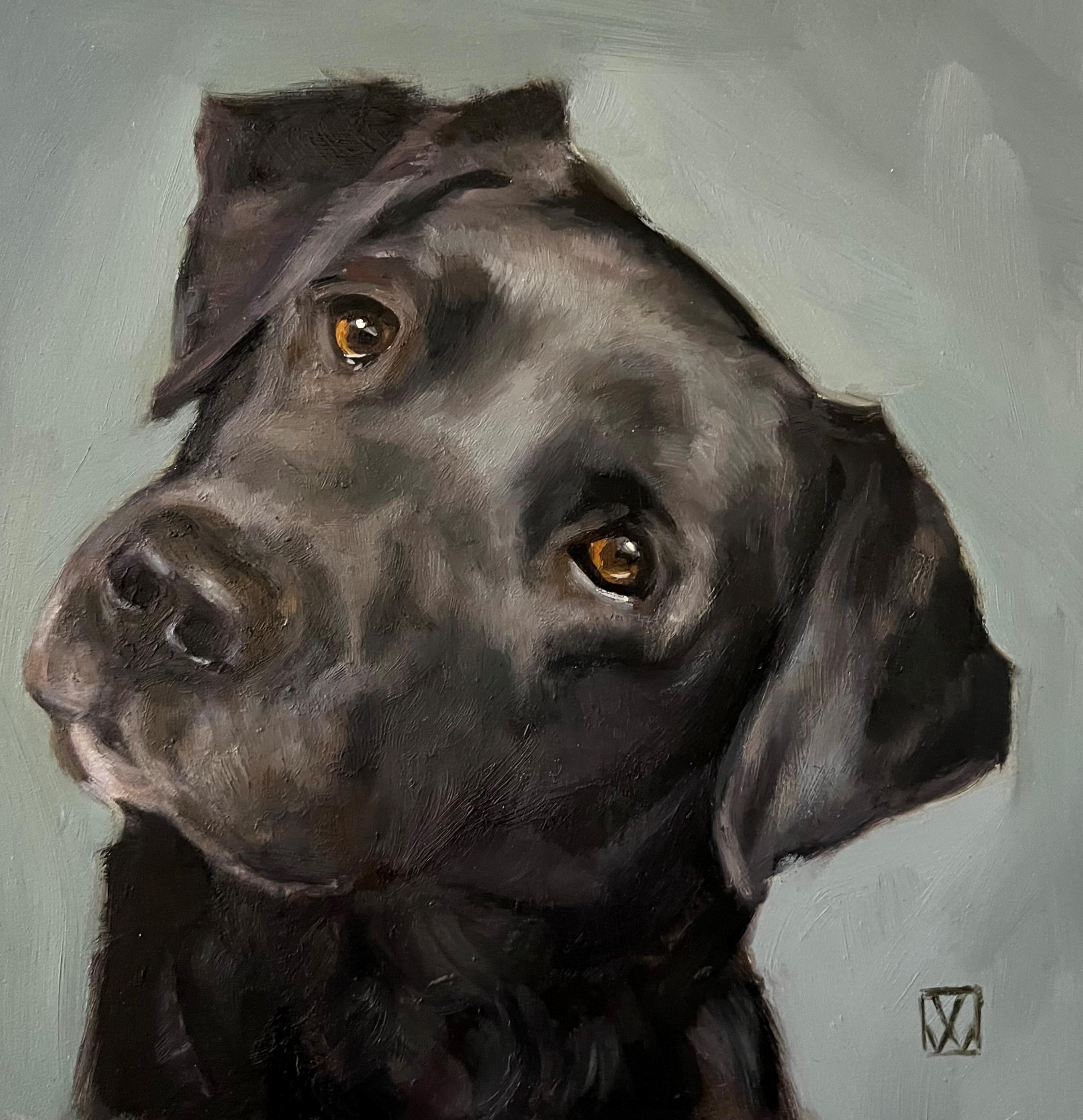 Valarie Wolf Portrait Painting - Charming Realist Dog Painting of a Labrador Retriever Gazing Lovingly at Viewer